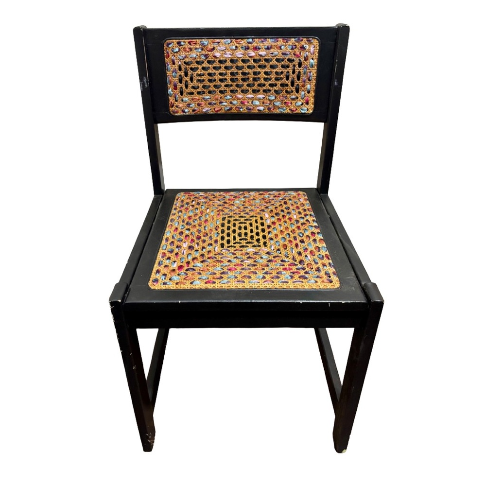 *Sold*Solid Wood BlackChair with Vibrant Woven Design